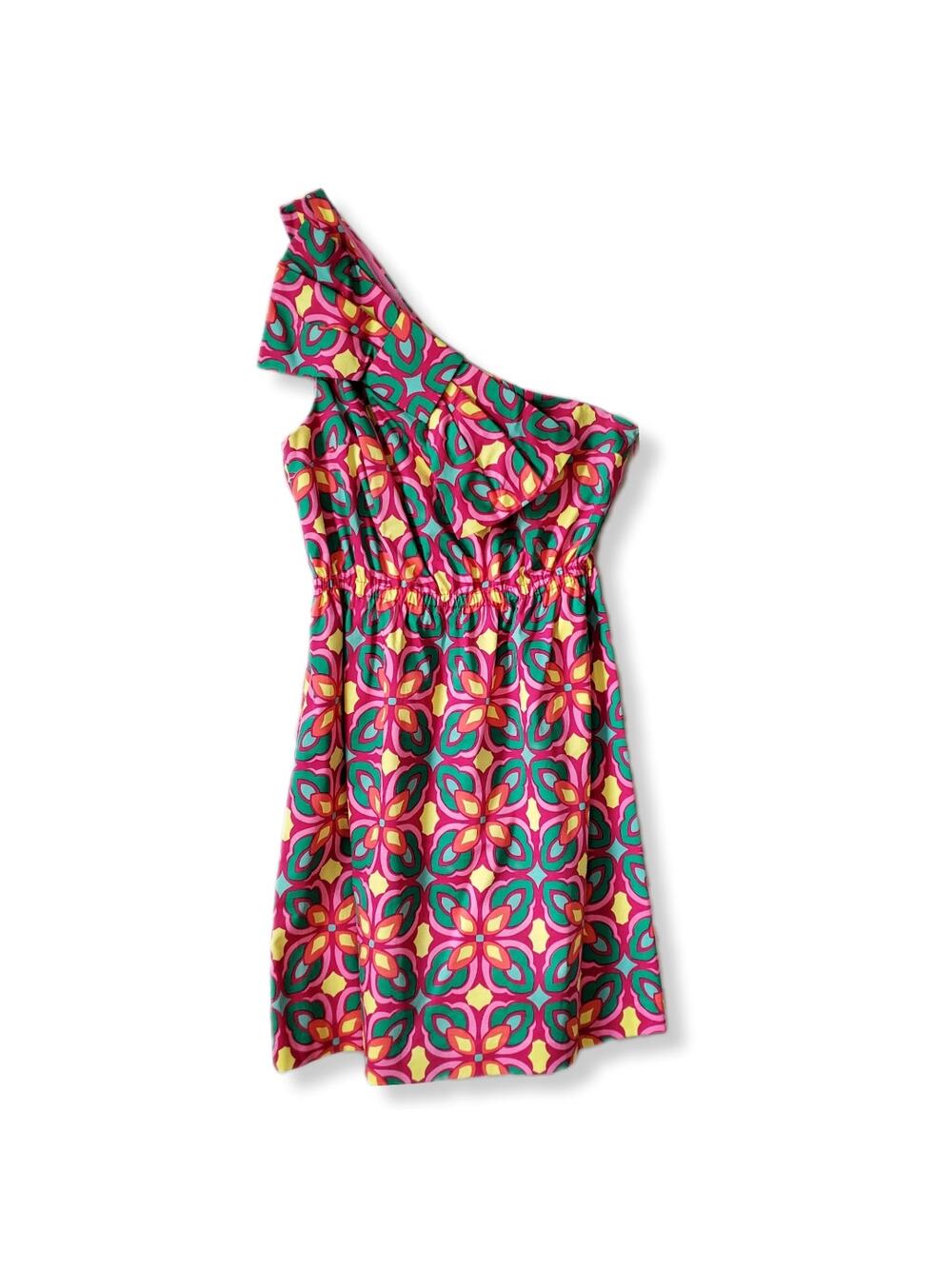 Colorful Bow Mod Geometric Floral Print Fit Flare Dress 6 One Shoulder Dress NEW
